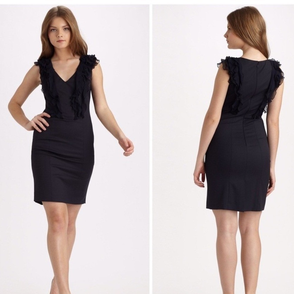 Rebecca Taylor Cocktail Dress Womens Size 2 Navy Silk Ruffles Wool Quiet Luxe